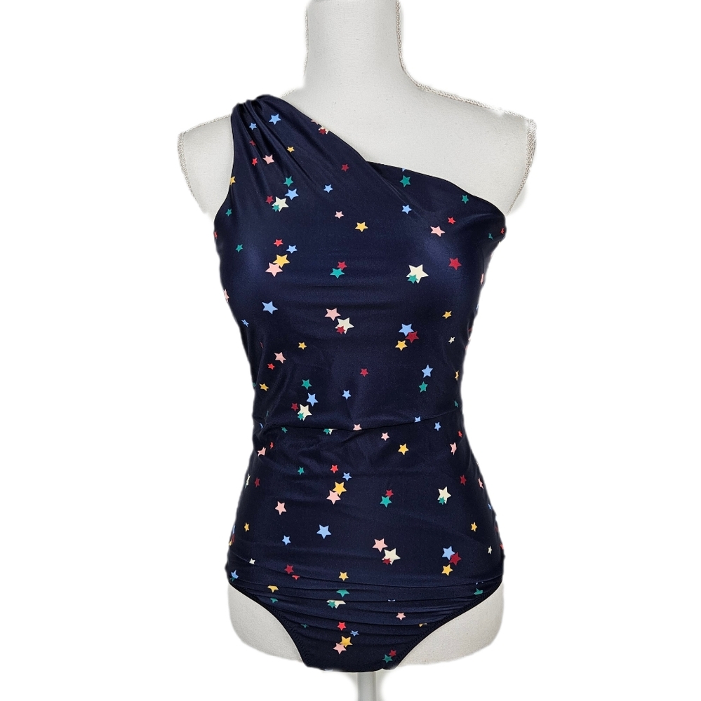 Summersalt 8LT Ruched Sidestroke One Piece Swimsuit Navy Blue Stars One Shoulder